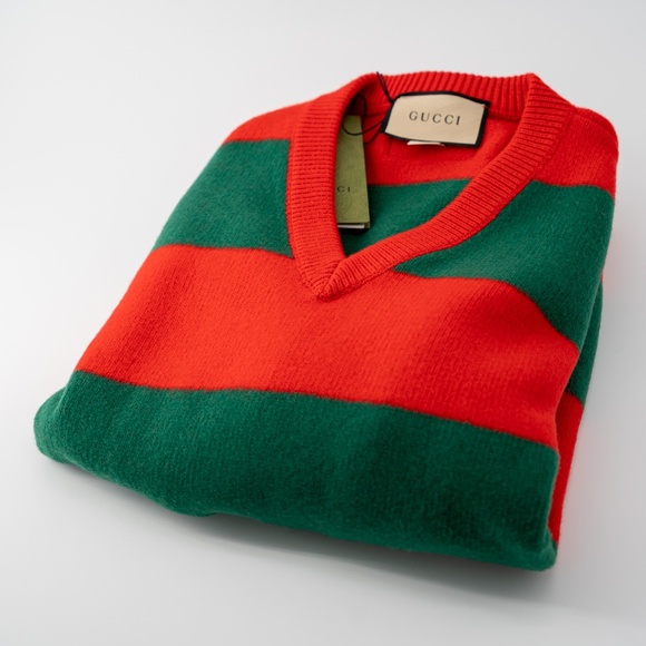 size XL - Gucci Striped V-neck Felted Wool Jumper Sweater Red Green - Picture 5 of 8